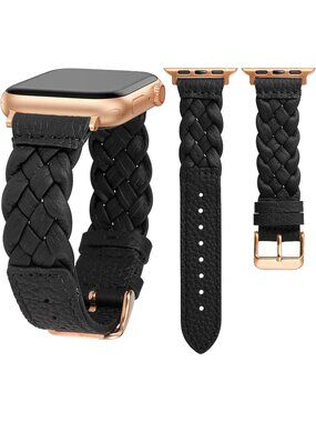 Women's Black/Rose Gold Braided Leather Strap Compatible with Apple Wrist Watch